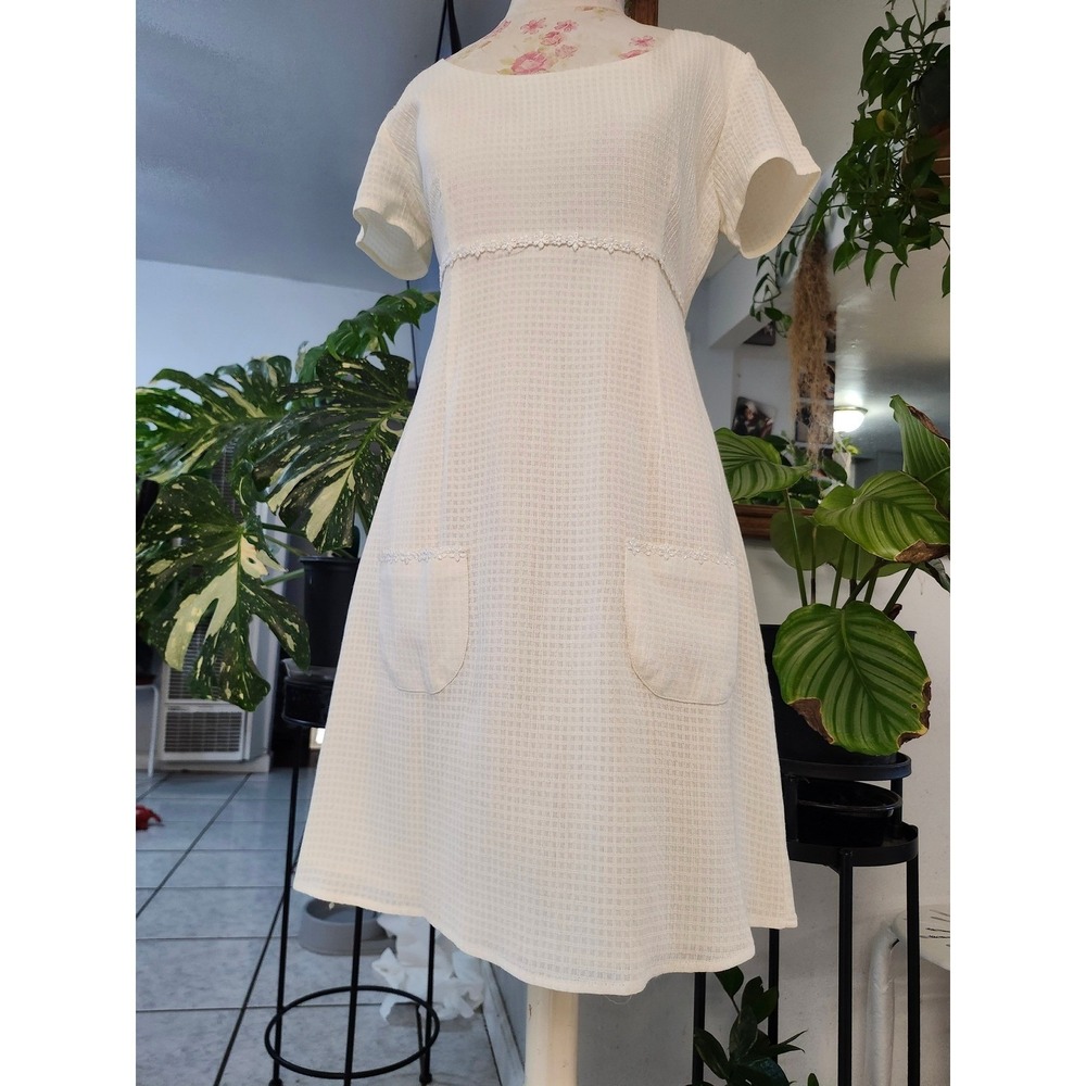 Vtg 90s Y2K A-List by Wrapper Dress Junior 9/10 Fits Small Cream Waffle Knit Mod - Picture 10 of 16